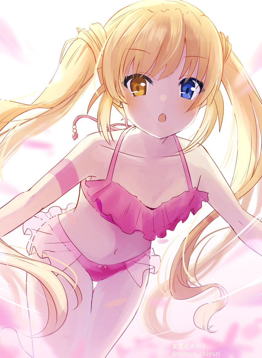 1girl, absurdres, artist_name, bikini, blonde_hair, blue_eyes, canaca_chiyuri, heterochromia, highres, long_hair, nakatsu_shizuru, open_mouth, pink_bikini, rewrite, solo, swimsuit, twintails, twitter_username, very_long_hair, yellow_eyes