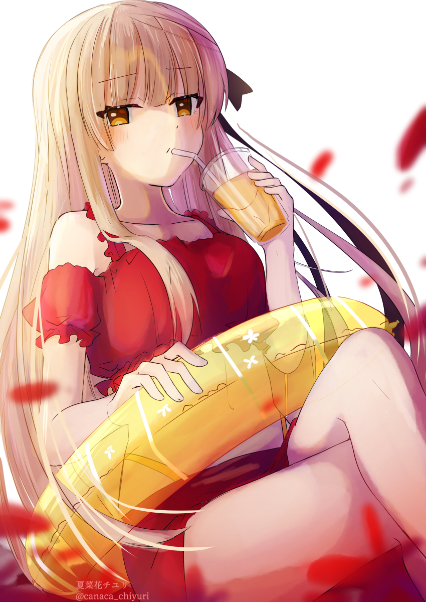 1girl, absurdres, bikini, canaca_chiyuri, cup, drinking, hair_ribbon, highres, holding, holding_cup, long_hair, red_eyes, rewrite, ribbon, senri_akane, simple_background, swimsuit