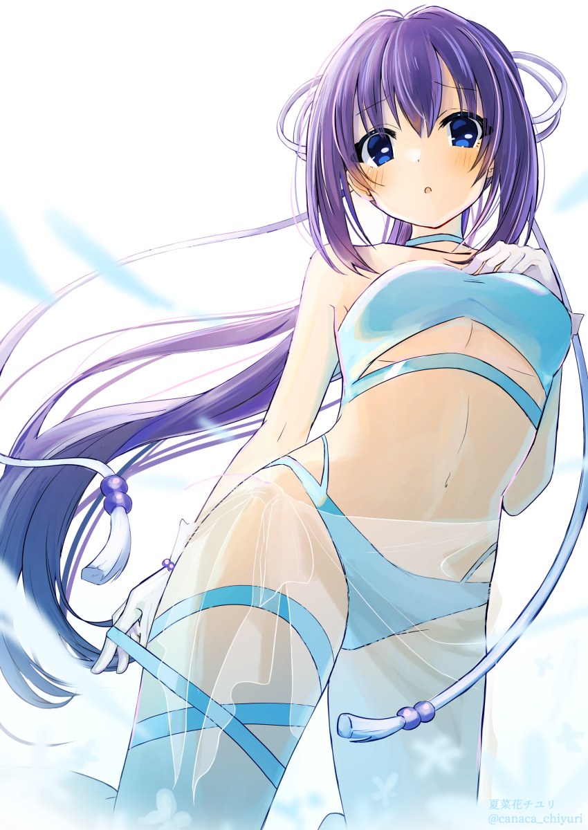 1girl, absurdres, bikini, blue_eyes, canaca_chiyuri, hair_ribbon, highres, konohana_lucia, long_hair, open_mouth, ponytail, purple_hair, rewrite, ribbon, swimsuit
