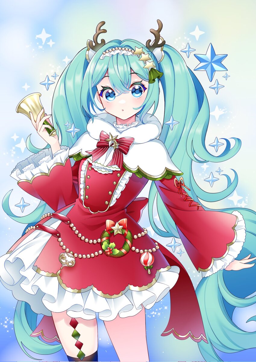 1girl, antlers, aqua_hair, arm_at_side, ascot, back_bow, beads, bell
