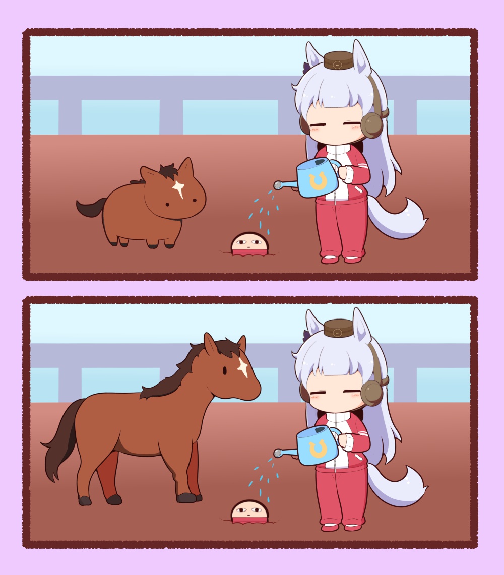 2koma, =_=, blush_stickers, brown_headwear, chibi, comic, commentary, gintama
