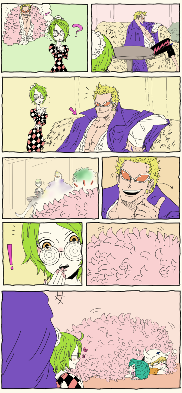 !, 2boys, 2girls, ?, aged_down, ahoge, arrow_(symbol), blonde_hair, blush, coat, comic, dellinger_(one_piece), donquixote_doflamingo, dress, earrings, feather_coat, green_hair, hair_bun, highres, horns, jewelry, leg_hair, looking_over_eyewear, mawari28, monet_(one_piece), multicolored_clothes, multiple_boys, multiple_girls, one_piece, open_clothes, open_shirt, pink_coat, purple_coat, shirt, short_hair, siblings, sisters, sleeping, smile, sugar_(one_piece), sunglasses, surprised, white_shirt, yellow_eyes