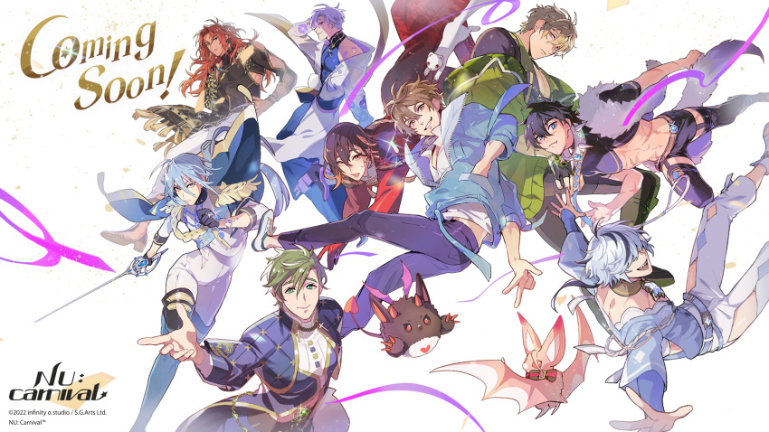6+boys, abs, ahoge, artist_request, aster_(bat)_(nu_carnival), aster_(nu_carnival), bat_(animal), black_gloves