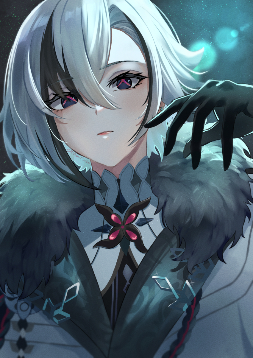 1girl, arlecchino_(genshin_impact), black_eyes, black_gloves, black_hair, closed_mouth, coat, fatui_coat