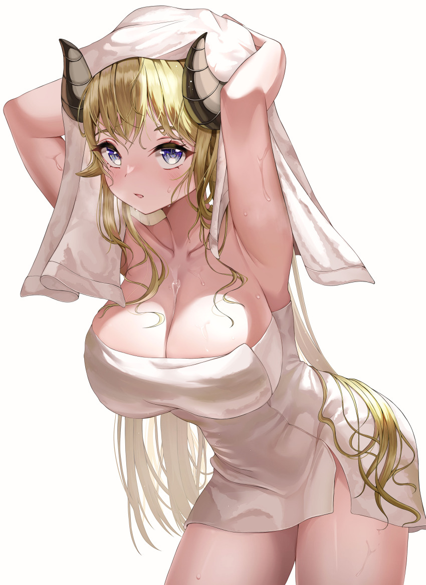 1girl, absurdres, armpits, arms_behind_head, arms_up, blonde_hair, breasts, breath, chanpower233, cleavage, commentary_request, covering_privates, cowboy_shot, drying, drying_hair, drying_own_hair, highres, holding, holding_towel, hololive, horns, large_breasts, leaning_forward, long_hair, looking_at_viewer, naked_towel, nude_cover, parted_lips, purple_eyes, sheep_girl, sheep_horns, sidelocks, simple_background, solo, thighs, towel, tsunomaki_watame, virtual_youtuber, wet, white_background