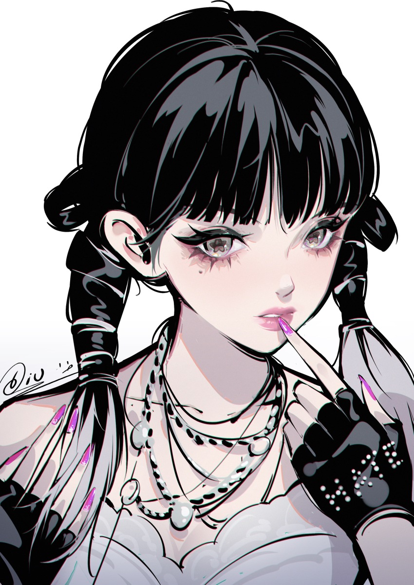 1girl, absurdres, animification, aoye_de_a_diu, black_gloves, black_hair, collarbone, colored_tips, finger_to_mouth, fingerless_gloves, gloves, grey_eyes, grey_hair, hair_behind_ear, highres, i-dle, jewelry, k-pop, looking_at_viewer, low_twintails, minnie_nicha_yontararak, mole, mole_under_eye, multicolored_hair, necklace, parted_lips, pink_lips, portrait, purple_lips, real_life, shirt, solo, strapless, strapless_shirt, symbol-shaped_pupils, tomboy_(i-dle), twintails, white_shirt