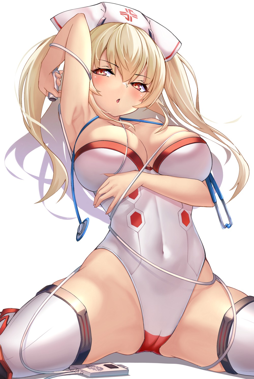 1girl, :o, arm_under_breasts, arm_up, armpits, blonde_hair, blush, breast_press