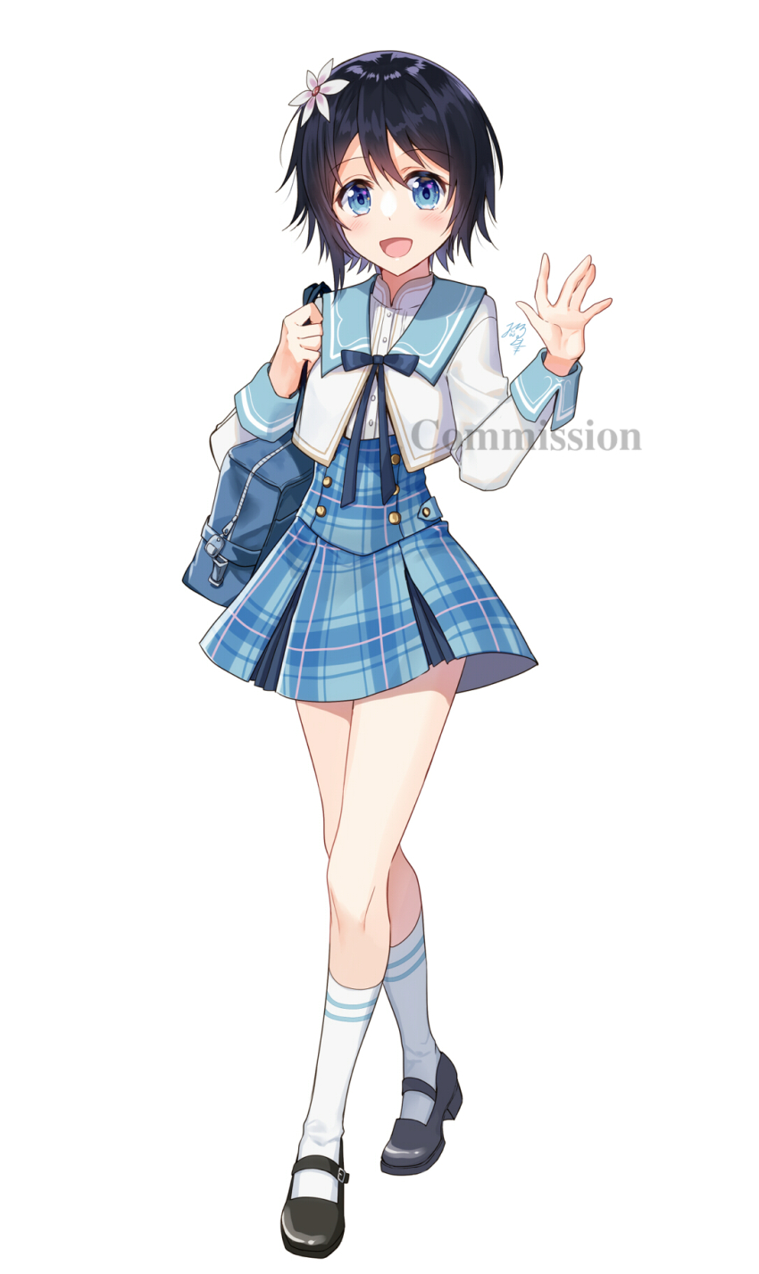 1girl, bag, black_bow, black_hair, black_shoes, blue_eyes, blue_skirt, bow