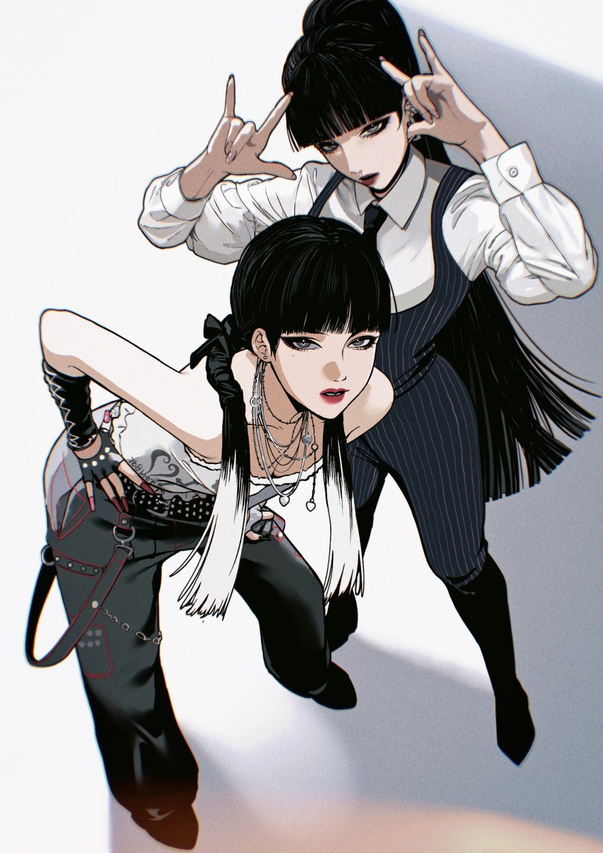 2girls, \m/, absurdres, animification, bite_yaogege, black_footwear, black_gloves, black_necktie, black_overalls, black_pants, chromatic_aberration, collarbone, collared_shirt, colored_tips, dual_persona, fingerless_gloves, gloves, grey_eyes, hair_behind_ear, highres, i-dle, jewelry, k-pop, leaning_forward, long_hair, low_twintails, minnie_nicha_yontararak, multicolored_hair, multiple_girls, necklace, necktie, overalls, pants, parted_lips, pinstripe_pattern, ponytail, real_life, red_lips, red_nails, shadow, shirt, striped, tomboy_(i-dle), twintails, very_long_hair, white_hair, white_shirt