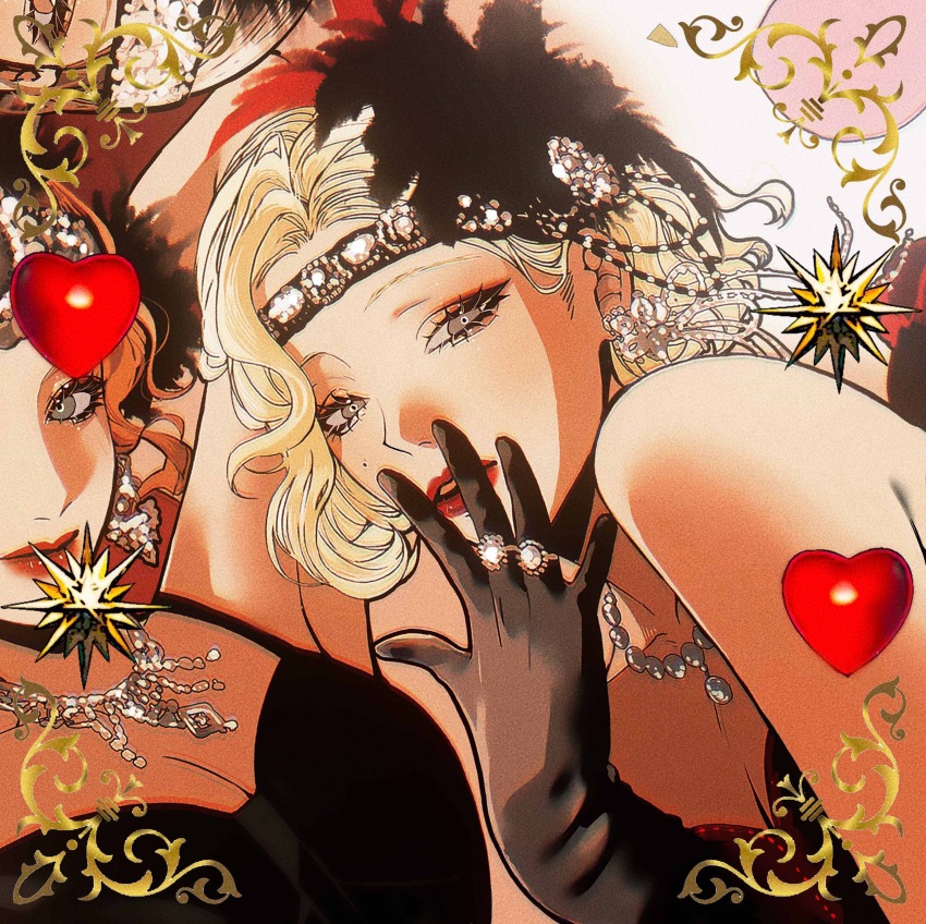 3girls, absurdres, animification, armpits, arms_behind_head, bite_yaogege, black_dress, black_gloves