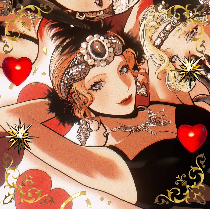 3girls, absurdres, animification, armpits, arms_behind_head, bite_yaogege, black_dress, black_headband