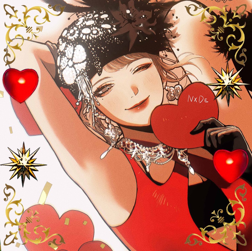 1girl, absurdres, animification, arm_behind_head, beanie, bite_yaogege, black_flower, black_headwear