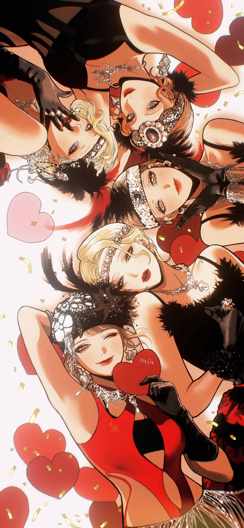 5girls, absurdres, animification, arm_behind_head, armpits, arms_behind_head, beanie, bite_yaogege