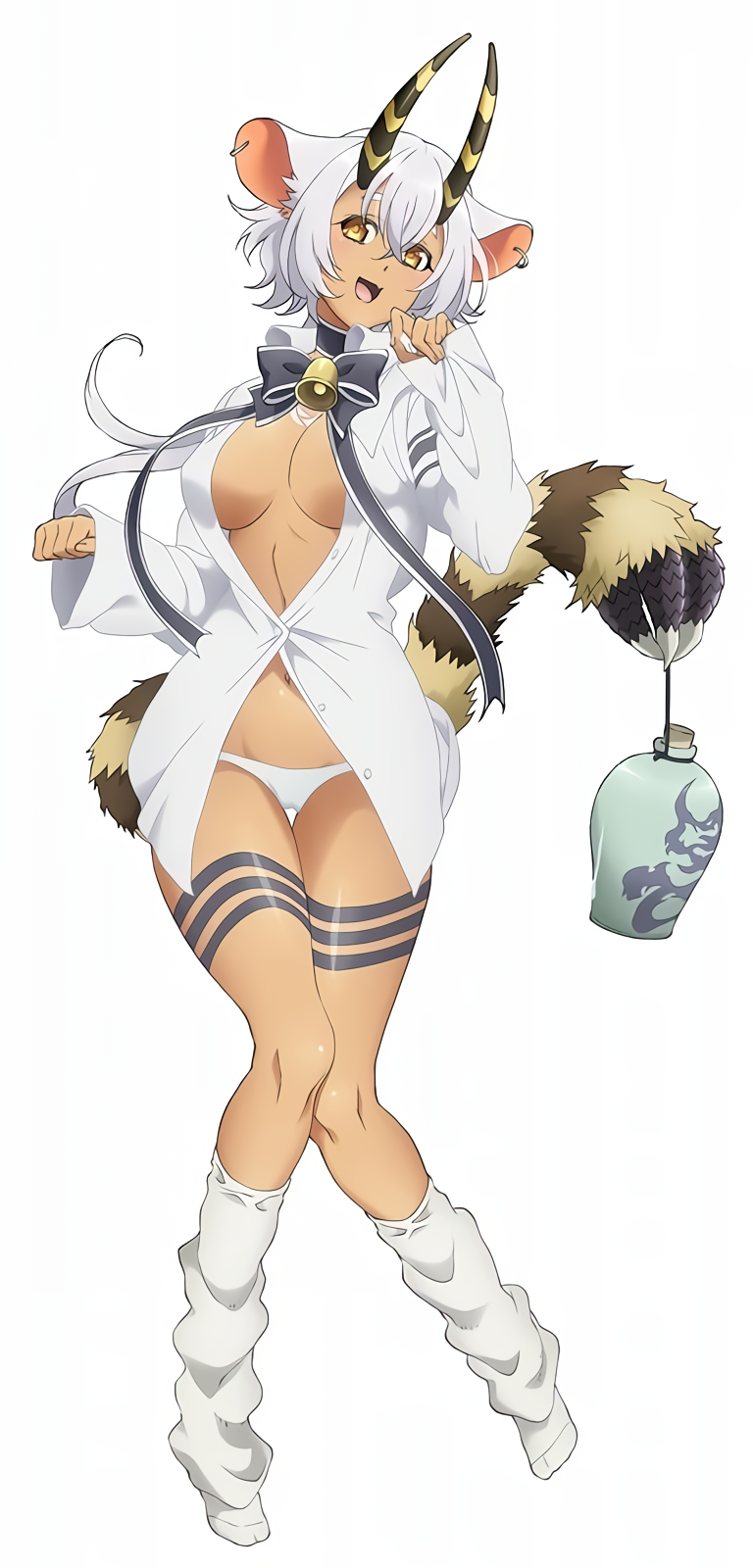 1girl, animal_ears, bell, belphegor_(sin_nanatsu_no_taizai), belphegor_(the_seven_deadly_sins), breasts, demon_girl, fang, food, highres, horns, indian_style, large_breasts, loose_socks, navel, nearly_naked_shirt, nishii_(damnedrive), no_pants, official_art, one_eye_closed, open_clothes, open_mouth, open_shirt, orange_eyes, panties, shirt, sin_nanatsu_no_taizai, sitting, socks, solo, tail, the_seven_deadly_sins, underboob, underwear, weapon, white_hair, wince, wink, yawning