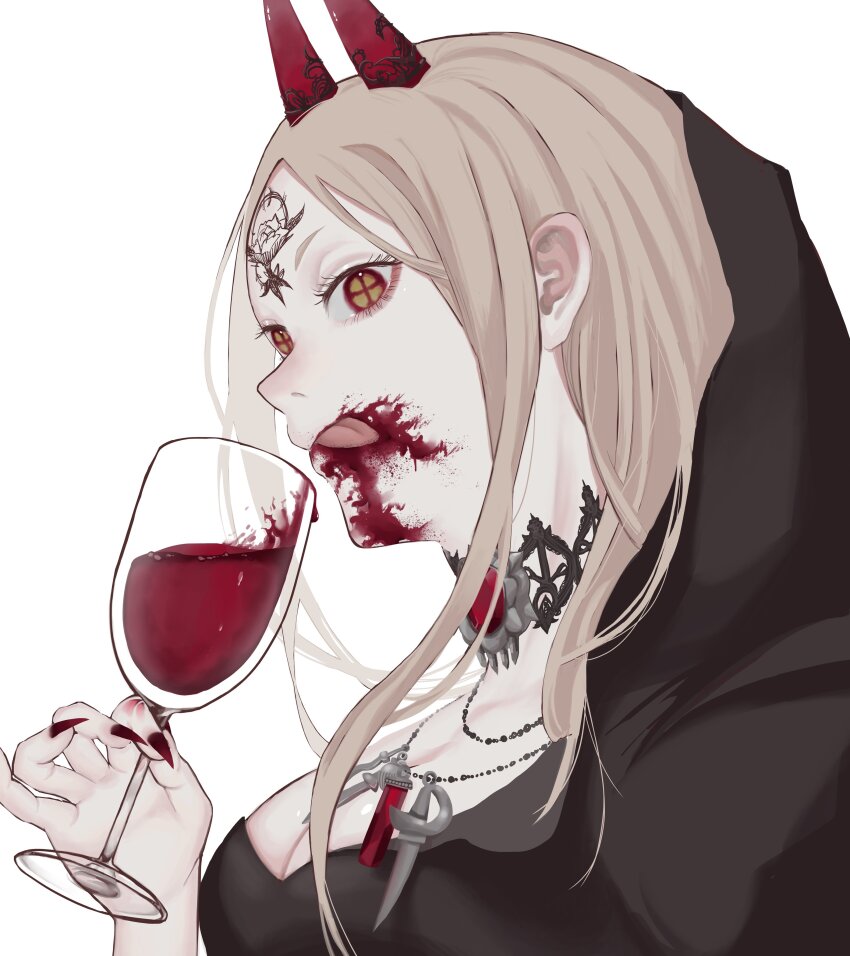 1girl, absurdres, bela_dimitrescu, bela_dimitrescu_(cosplay), blonde_hair, blood, blood_on_face, blood_vial, breasts, chainsaw_man, cleavage, cosplay, cross-shaped_pupils, cup, drinking_glass, facial_mark, fingernails, highres, horns, jewelry, licking_lips, long_hair, looking_to_the_side, medium_breasts, necklace, power_(chainsaw_man), red_eyes, red_horns, red_nails, resident_evil, resident_evil_village, sharp_fingernails, simple_background, solo, symbol-shaped_pupils, tongue, tongue_out, white_background, wine_glass, yuuwaku06