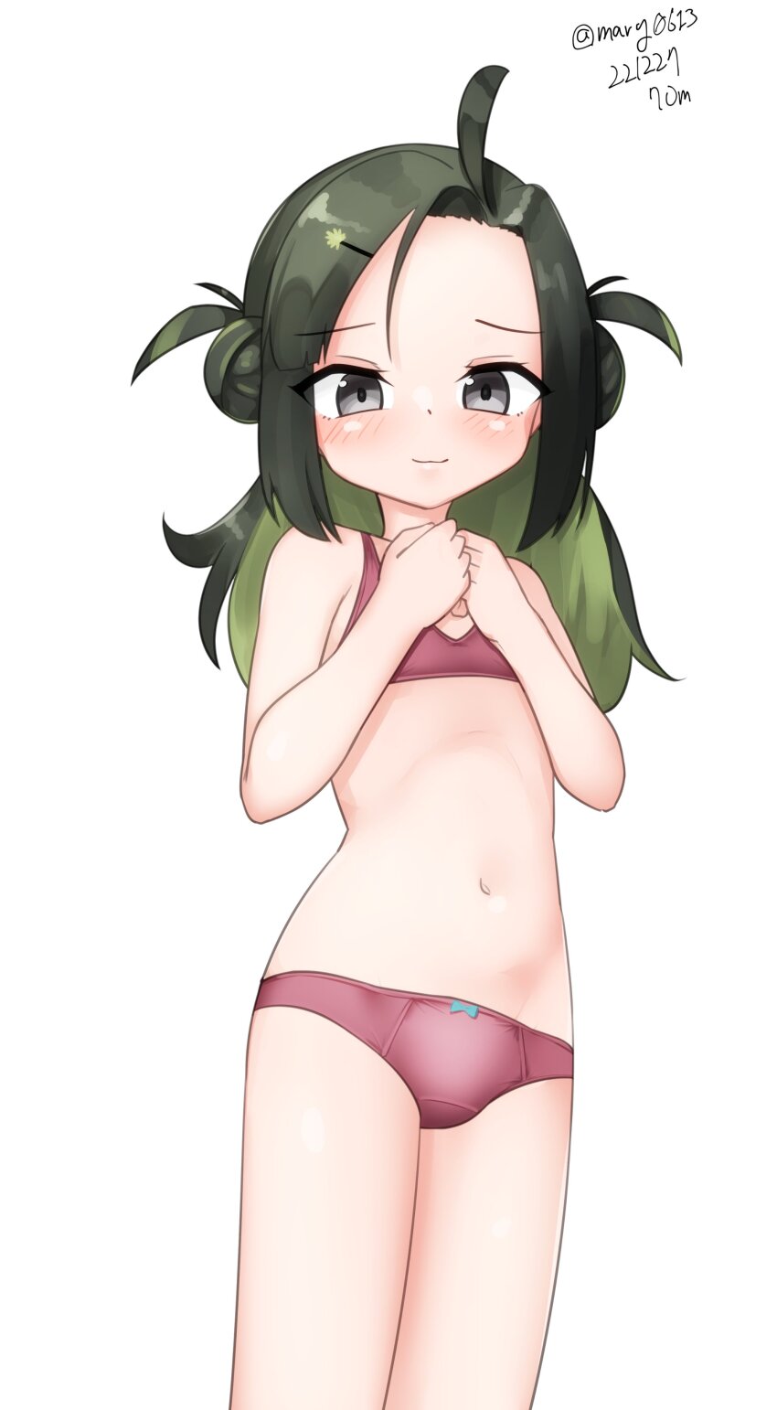 1girl, absurdres, ahoge, black_hair, bra, cowboy_shot, dated, double_bun, flat_chest, forehead, green_hair, grey_eyes, hair_bun, highres, kantai_collection, long_hair, makinami_(kancolle), maru_(marg0613), multicolored_hair, one-hour_drawing_challenge, panties, red_bra, red_panties, simple_background, solo, standing, twitter_username, underwear, underwear_only, white_background