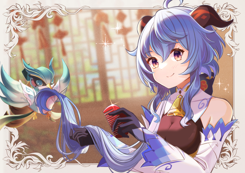 1girl, ahoge, bare_shoulders, bell, black_gloves, blue_hair, blush, breasts