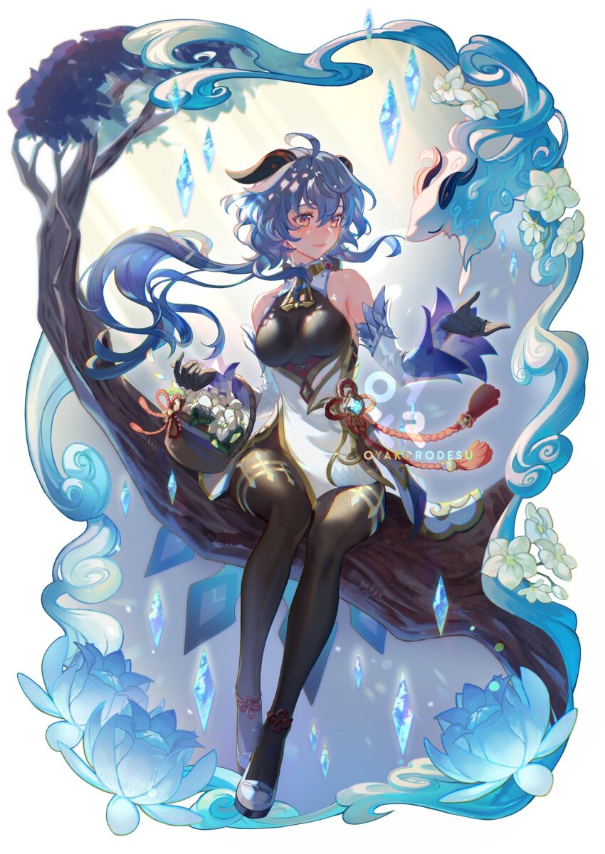 1girl, ahoge, artist_name, bare_shoulders, basket, bell, black_bodysuit, black_pantyhose