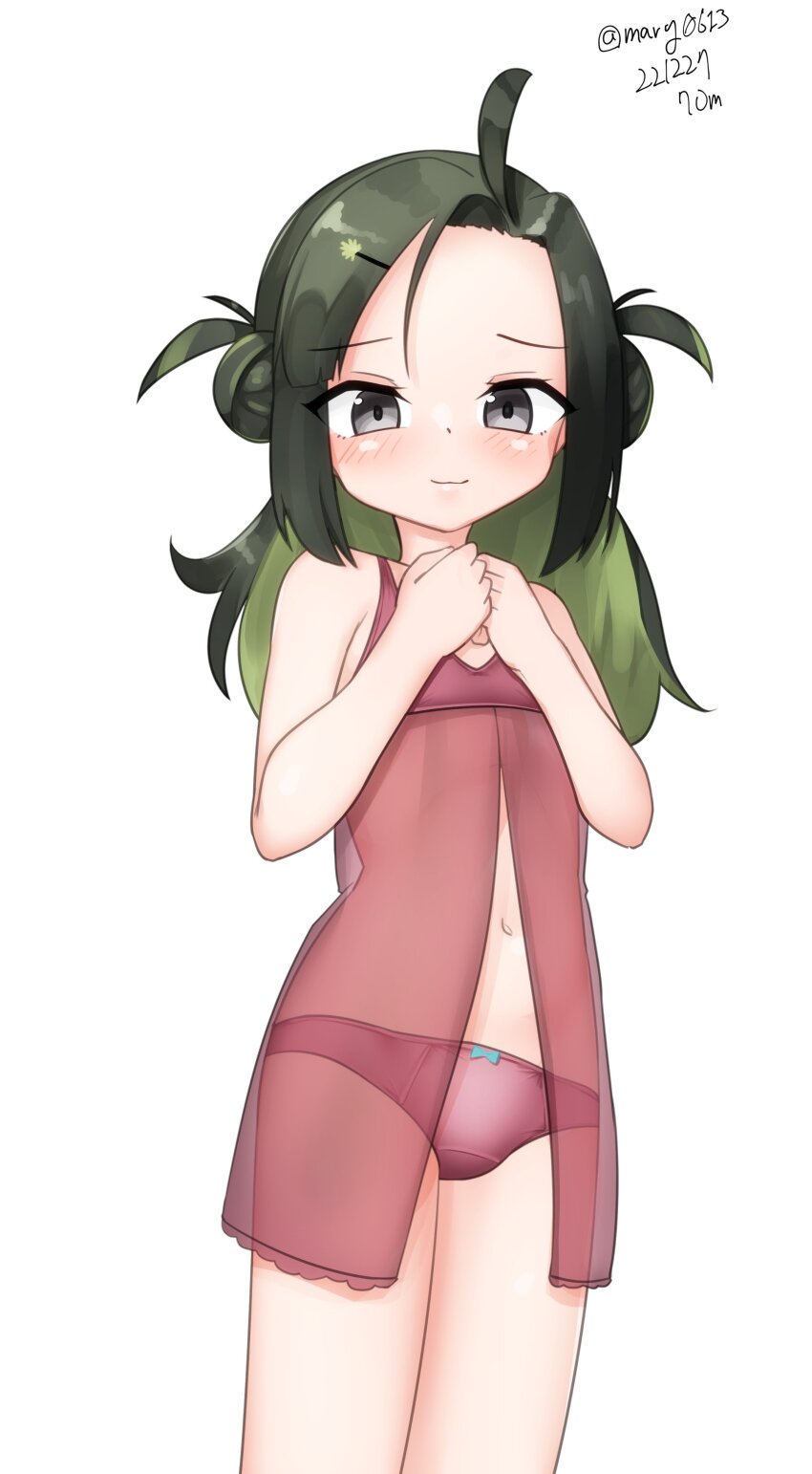 1girl, absurdres, ahoge, black_hair, bra, cowboy_shot, dated, double_bun, female_focus, flat_chest, forehead, green_hair, grey_eyes, hair_bun, highres, kantai_collection, lingerie, loli, long_hair, looking_at_viewer, makinami_(kancolle), maru_(marg0613), multicolored_hair, negligee, one-hour_drawing_challenge, panties, red_bra, red_panties, simple_background, solo, standing, twitter_username, underwear, underwear_only, white_background