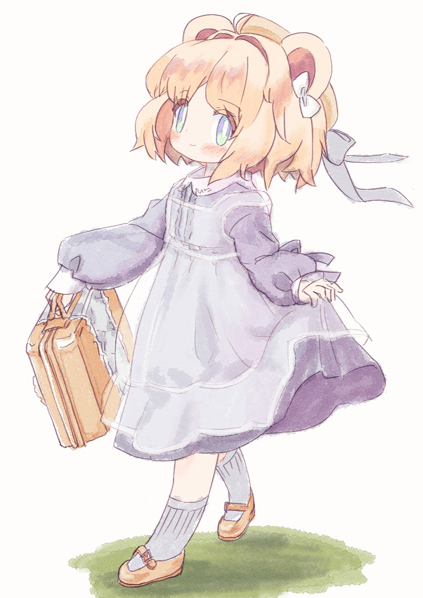 1girl, bag, black_dress, blue_eyes, brown_hair, brown_shoes, chibi, dress