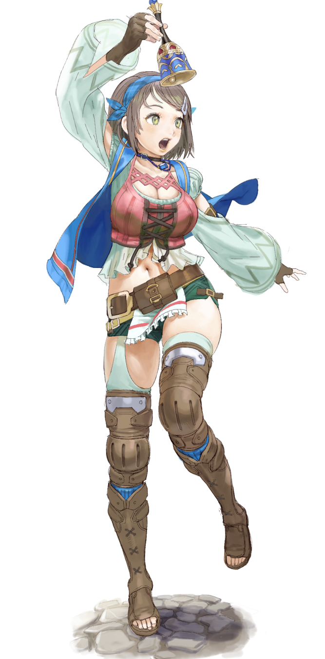 1girl, armor, bell, belt, blue_vest, boots, breasts, brown_gloves, brown_hair, buckle, cleavage, conto, cross-laced_clothes, fingerless_gloves, full_body, gloves, green_eyes, hair_ornament, hairclip, headscarf, highres, large_breasts, looking_away, navel, nina_deforges, open-toe_boots, open_mouth, short_hair, short_shorts, shorts, skindentation, solo, standing, standing_on_one_leg, star_ocean, star_ocean:_the_divine_force, swept_bangs, thigh_boots, thighhighs, vest, white_background, wide_sleeves, zettai_ryouiki
