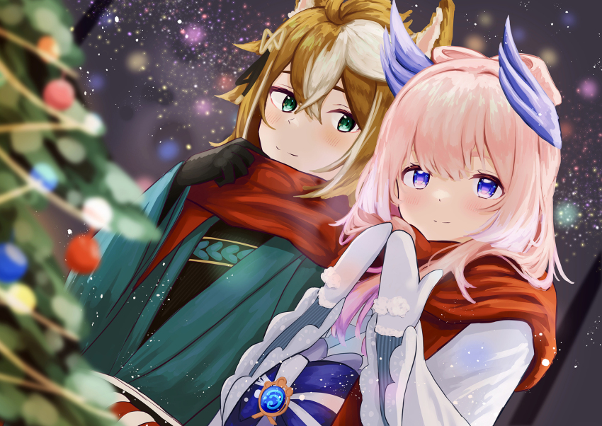 1boy, 1girl, alternate_costume, animal_ears, black_gloves, blue_eyes, blue_horns, blurry