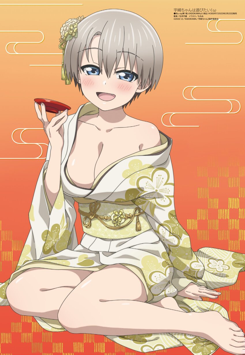 :d, absurdres, barefoot, blue_eyes, blush, breasts, cleavage, collarbone, commentary, cup, drink, english_commentary, fang, feet, flower, full_body, gradient_background, grey_hair, hair_between_eyes, hair_flower, hair_ornament, hand_on_ground, highres, holding, holding_drink, ishii_madoka, japanese_clothes, kimono, large_breasts, legs, megami_magazine, obi, off_shoulder, official_art, on_ground, open_mouth, orange_background, sakazuki, sash, short_hair, single_bare_shoulder, sitting, smile, third-party_source, toenails, toes, translated, two-tone_kimono, uzaki-chan_wa_asobitai!, uzaki_hana, white_kimono, yellow_flower, yellow_kimono, yellow_sash, yokozuwari