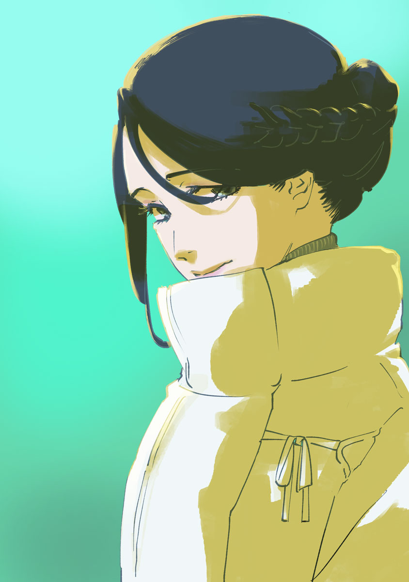 aqua_background, black_hair, bleach, bleach:_sennen_kessen-hen, braid, coat, hair_between_eyes, highres, katagiri_kanae, kubo_tite, light_smile, long_hair, looking_at_viewer, official_art, sidelocks, solo, updo, upper_body, yellow_coat