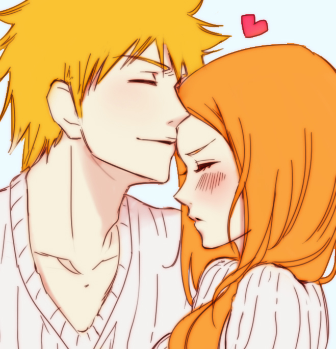 1girl, 22nae2, bleach, blush, closed_eyes, collarbone, couple, heart, hetero, inoue_orihime, kurosaki_ichigo, long_hair, nuzzle, orange_hair, parted_lips, ribbed_sweater, short_hair, spiked_hair, sweater, upper_body, white_sweater