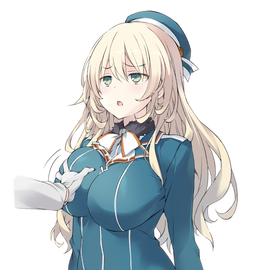 1boy, 1girl, admiral_(kancolle), atago_(kancolle), beret, blonde_hair, blue_headwear, blush