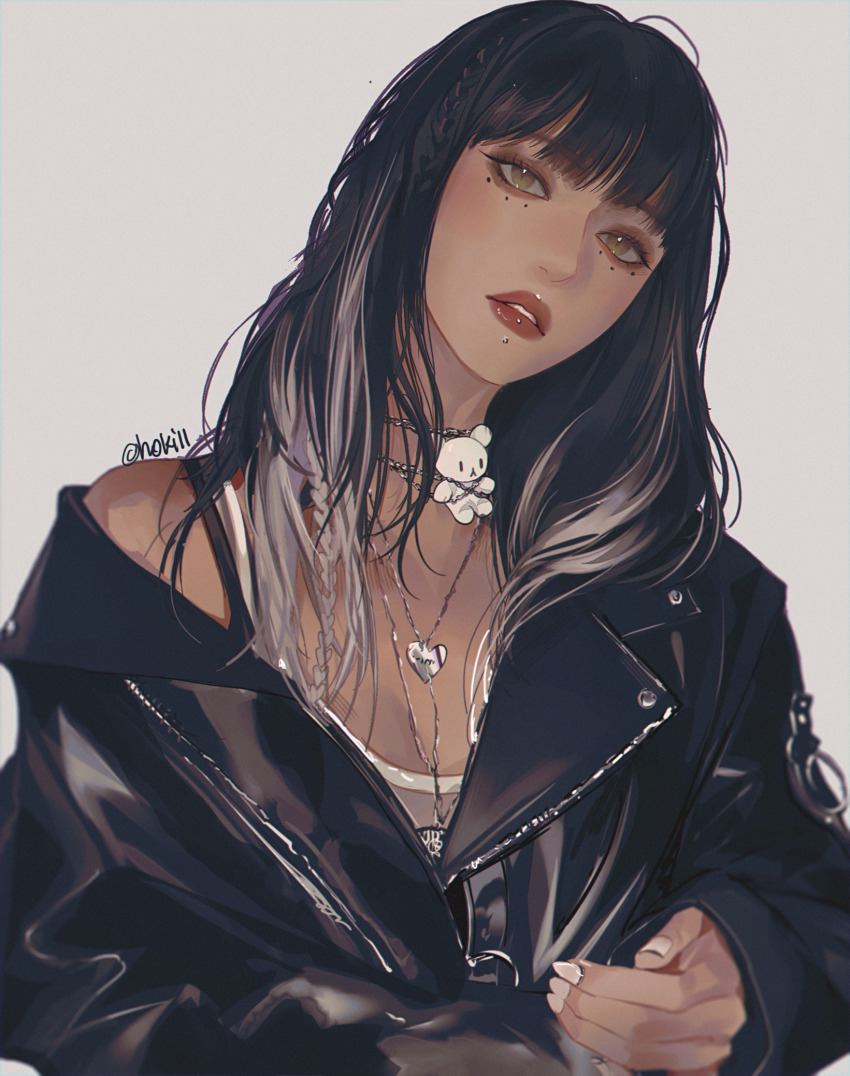 1girl, artist_name, black_hair, black_jacket, braid, brown_eyes, face_piercing, grey_background