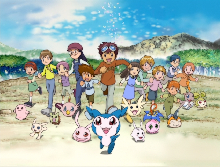 anime_screenshot, beak, bug, butterfly, chibimon, digimon, digimon_(creature), digimon_adventure_02, dog, floating, forest, full_body, glasses, goggles, goggles_on_head, hat, hida_iori's_daughter, holy_ring, horns, inoue_miyako_and_ichijouji_ken's_daughter, inoue_miyako_and_ichijouji_ken's_first_son, insect, izumi_koshiro's_daughter, kido_jo's_son, koromon, looking_at_viewer, minomon, mochimon, motomiya_daisuke's_son, nature, open_mouth, petals, plotmon, poromon, pukamon, pyocomon, running, sky, smile, star_(symbol), tachikawa_mimi's_son, takaishi_takeru's_son, takenouchi_sora_and_ishida_yamato's_daughter, takenouchi_sora_and_ishida_yamato's_son, tanemon, tokomon, tunomon, upamon, wings, yagami_hikari's_son, yagami_taichi's_son