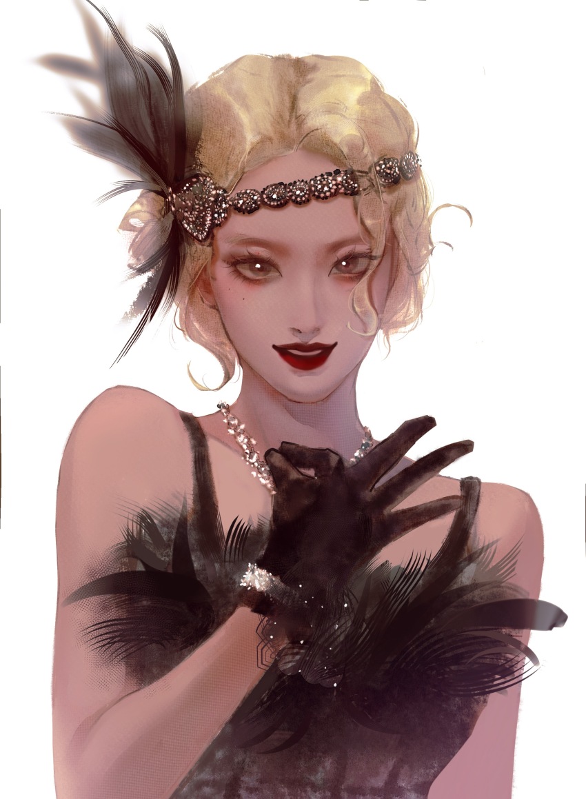 1girl, absurdres, black_dress, black_eyes, black_feathers, black_gloves, blonde_hair, bracelet