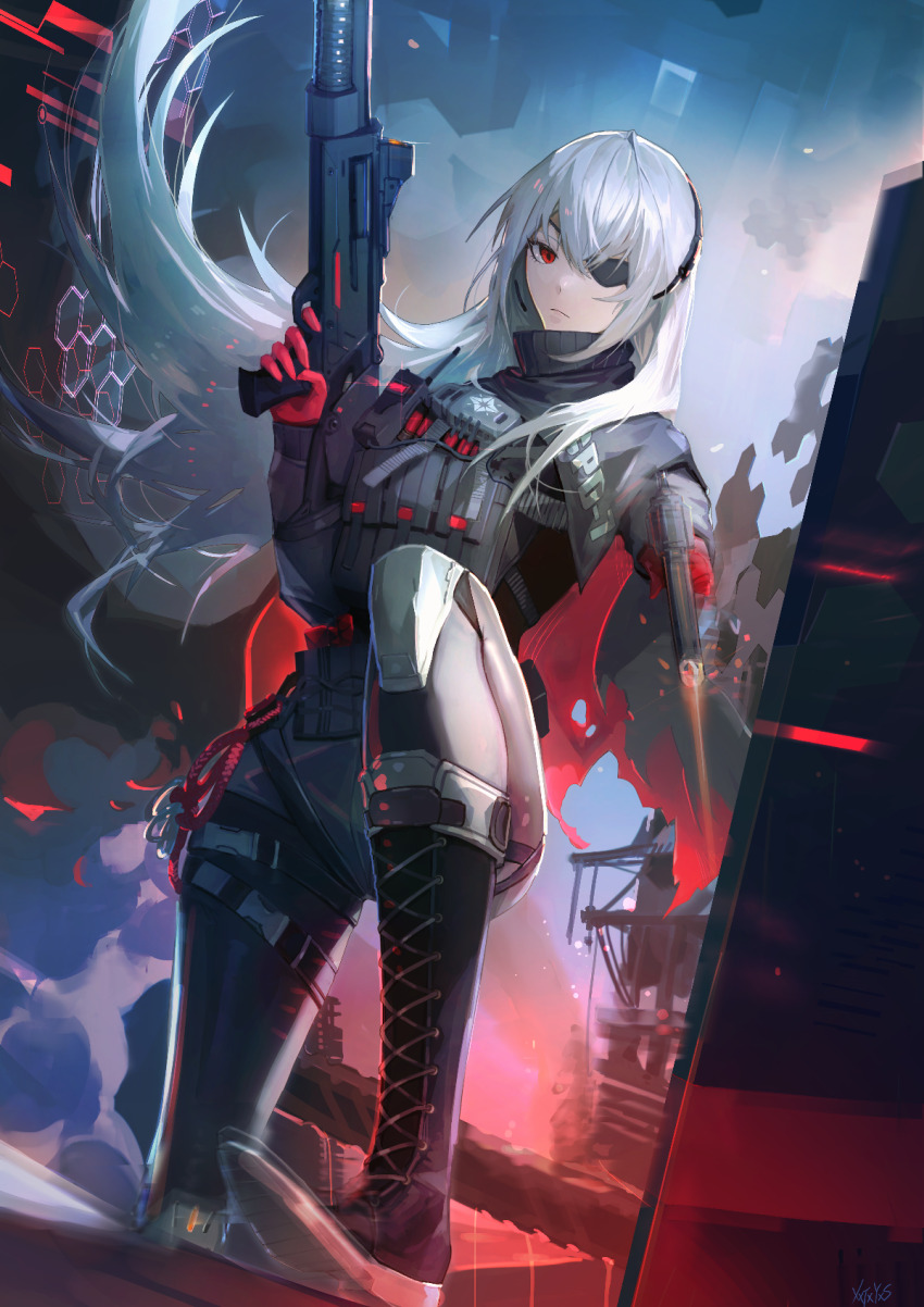 0bsessi0n, 12-gauge, 1girl, ammunition, benelli_m4_super_90, boots, closed_mouth, commentary_request, evelyn_(neural_cloud), expressionless, eyepatch, full_body, girls'_frontline, girls'_frontline_neural_cloud, gloves, grey_hair, gun, handgun, highres, holding, holding_gun, holding_weapon, knee_pads, long_hair, looking_at_viewer, m1014, pistol, red_eyes, red_gloves, semi-automatic_shotgun, shield, shotgun, shotgun_shell, solo, weapon