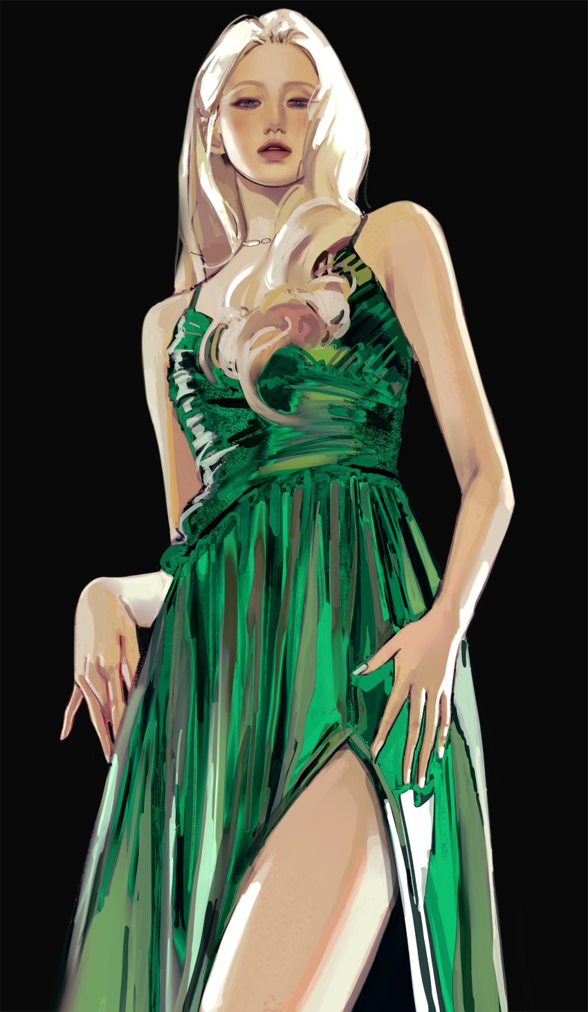 1girl, absurdres, black_background, black_eyes, buerhua, dress, flat_chest, i-dle