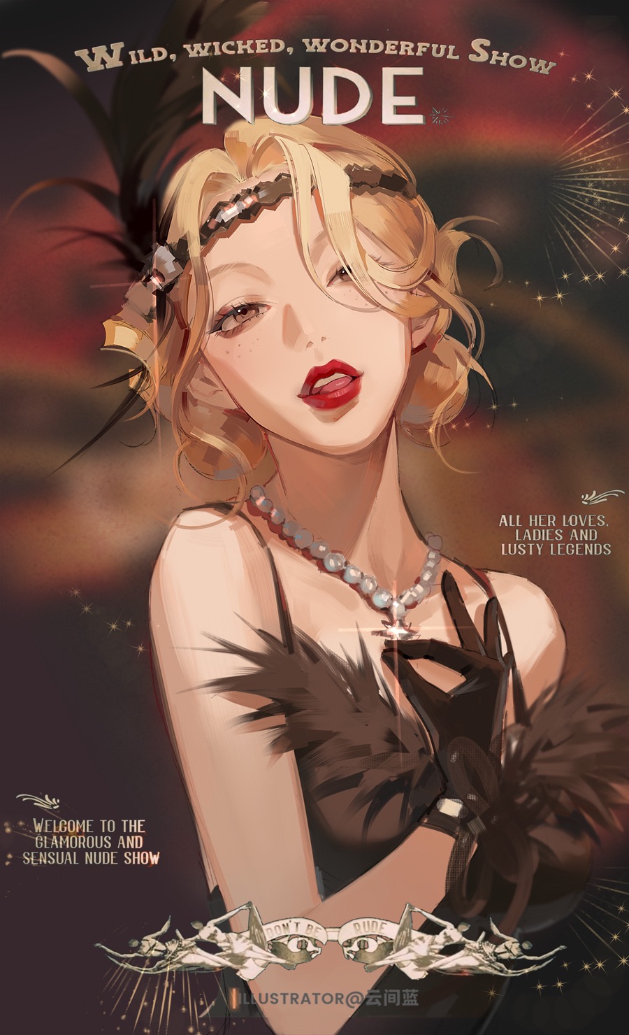1girl, animification, artist_name, black_dress, black_eyes, black_gloves, blonde_hair, chinese_commentary, collarbone, dress, english_text, i-dle, gloves, headband, highres, jewelry, k-pop, lipstick, makeup, necklace, nxde_(i-dle), pearl_necklace, real_life, red_lips, solo, song_name, tongue, tongue_out, yeh_shuhua, zhanzhan_lan