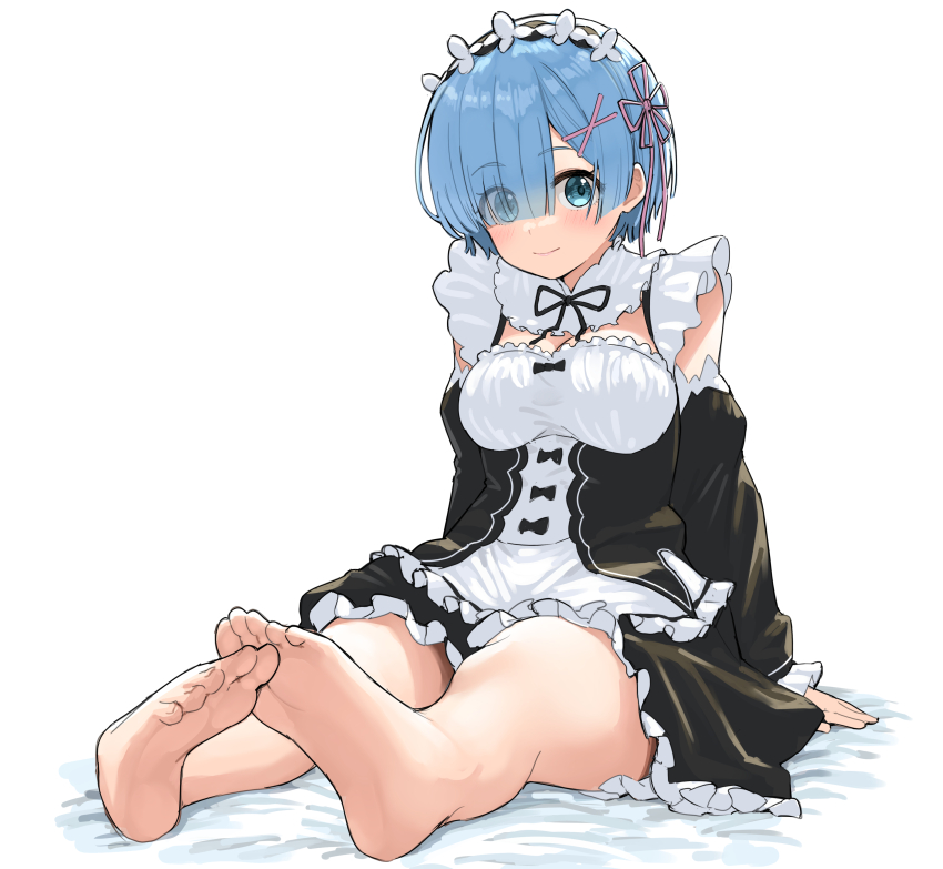 1girl, absurdres, aqua_eyes, arm_support, barefoot, black_bow, black_dress, black_ribbon