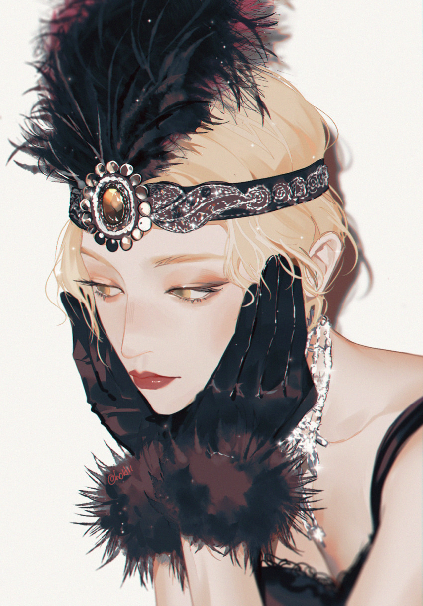 1girl, black_dress, black_gloves, black_headband, blonde_hair, breasts, brown_eyes, cleavage