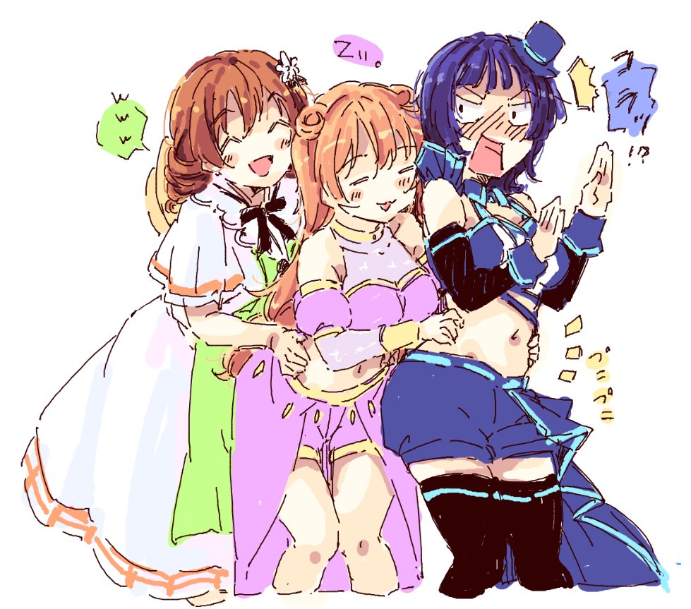 3girls, ^_^, black_eyes, black_thighhighs, blue_headwear, blue_shorts, blush, braid