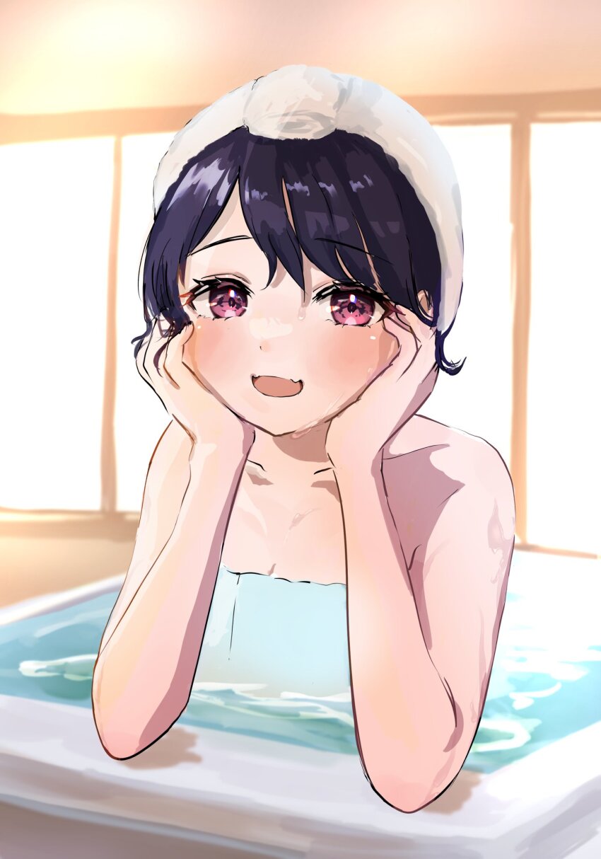 1girl, bathing, bathroom, bathtub, black_hair, commentary_request, fangs, fukumaru_koito