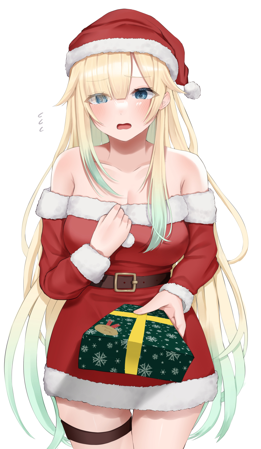 1girl, @_@, absurdres, aizawa_ema, bare_shoulders, belt, blonde_hair, blue_eyes