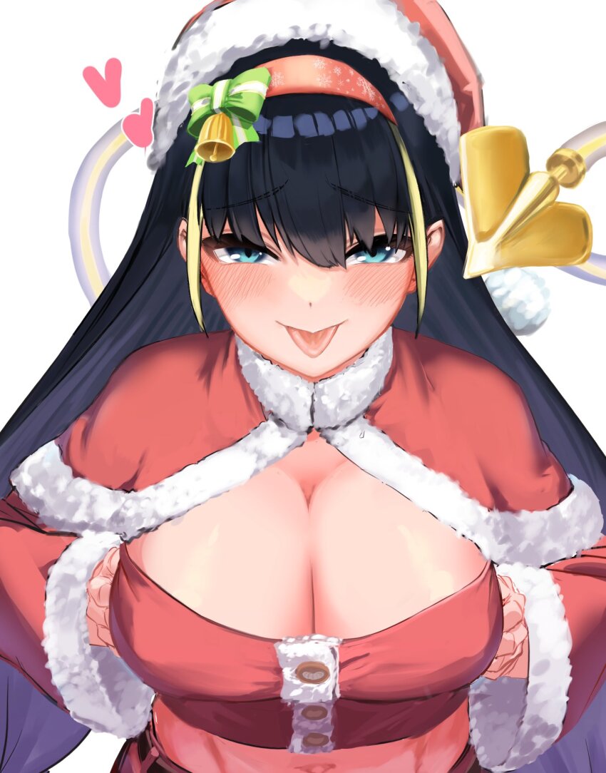 black_hair, blonde_hair, blue_eyes, blush, bow, breasts, buttons, caffeine_2109, capelet, cleavage, commentary_request, crop_top, detached_sleeves, fur-trimmed_capelet, fur-trimmed_headwear, fur-trimmed_sleeves, fur_trim, gradient_hair, green_bow, hair_between_eyes, hairband, hat, heart, highres, large_breasts, lessar, long_hair, looking_at_viewer, mechanical_tail, midriff, multicolored_hair, navel, pom_pom_(clothes), red_capelet, red_hairband, santa_costume, santa_hat, snowflake_print, tail, toaru_majutsu_no_index, tongue, tongue_out, white_background, wide_sleeves