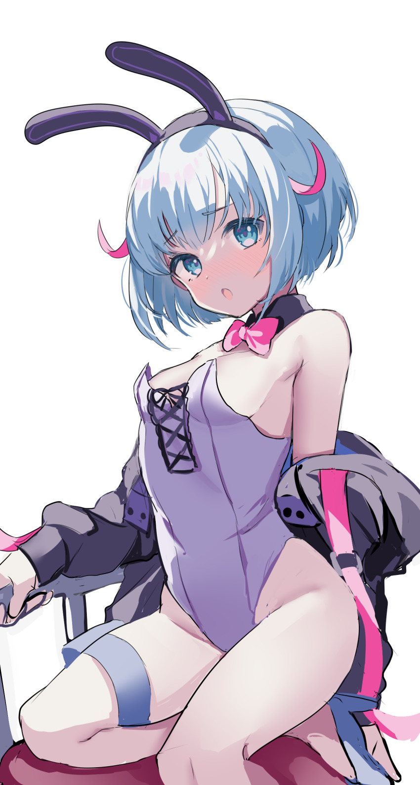 animal_ears, bare_shoulders, black_choker, black_headwear, black_hoodie, blue_eyes, blue_hair, blush