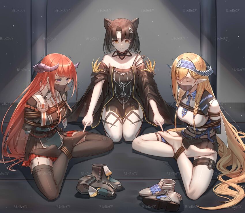 3girls, absurdres, animal_ears, arknights, arms_behind_back, bagpipe_(arknights), bare_shoulders, bdsm, black_choker, black_dress, black_hair, black_thighhighs, blonde_hair, blue_hairband, blue_necktie, bondage, bound, bound_ankles, braid, breasts, cat_ears, chenjiyan_y, chinese_commentary, choker, closed_eyes, commentary_request, commission, dress, feet, gag, gagged, hair_spread_out, hairband, highres, horns, improvised_gag, indoors, jacket, large_breasts, long_hair, long_sleeves, lotus_position, mandragora_(arknights), multiple_girls, necktie, off-shoulder_dress, off_shoulder, orange_hair, pantyhose, plaid_clothes, plaid_skirt, pointy_ears, purple_eyes, red_skirt, revision, rope, saileach_(arknights), second-party_source, shirt, shoes, short_hair, sitting, skirt, soles, tape, tape_gag, thighhighs, twin_braids, unworn_shoes, very_long_hair, watermark, white_pantyhose, white_shirt, wide_sleeves