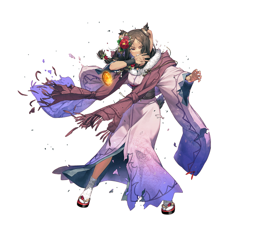 1girl, animal_ears, brown_eyes, brown_hair, damaged, dark-skinned_female, dark_skin, fire_emblem, fire_emblem_heroes, flower, food, fur-trimmed_kimono, fur_trim, hair_flower, hair_ornament, japanese_clothes, kimono, long_hair, mochi, nintendo, official_art, panne_(fire_emblem), panne_(new_year)_(fire_emblem), rabbit_ears, sandals, sash, solo, stone, tabi, teeth, torn_clothes, torn_kimono, white_background, zouri