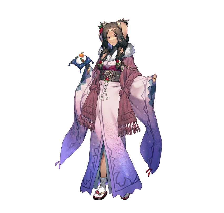 1girl, animal_ears, brown_eyes, brown_hair, dark-skinned_female, dark_skin, fire_emblem, fire_emblem_heroes, flower, food, fur-trimmed_kimono, fur_trim, hair_flower, hair_ornament, japanese_clothes, kimono, long_hair, looking_at_viewer, mochi, nintendo, official_art, panne_(fire_emblem), panne_(new_year)_(fire_emblem), rabbit_ears, sandals, sash, smile, snow_rabbit, solo, tabi, white_background, zouri