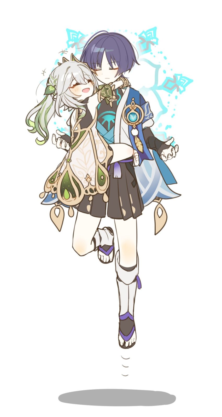 1boy, 1girl, :d, ^_^, armor, back_cutout, blunt_ends, blush