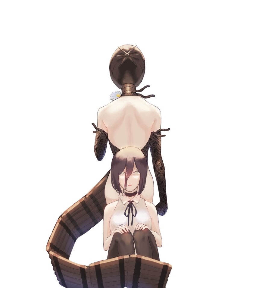 1boy, 1girl, ass, back-to-back, backless_dress, backless_outfit, black_choker, black_hair