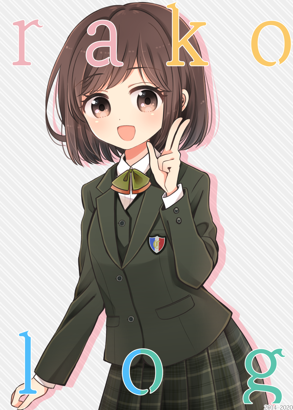 1girl, :d, black_jacket, black_skirt, black_vest, blazer, bob_cut, bow, bowtie, brown_eyes, brown_hair, collared_shirt, english_text, french_flag, green_bow, green_bowtie, grey_skirt, highres, jacket, long_sleeves, looking_at_viewer, open_mouth, original, plaid_clothes, plaid_skirt, pleated_skirt, rakotaro, romaji_text, school_emblem, school_uniform, shirt, short_hair, skirt, smile, solo, striped_background, two-tone_bow, two-tone_bowtie, vertical_stripes, vest, white_shirt