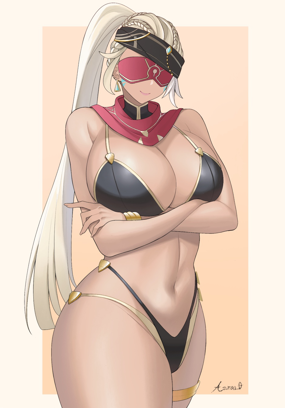 azuran0, bikini, blindfold, blindfold_mask, blonde_hair, body_markings, border, breasts, cleavage, colored_blindfold, cowboy_shot, eremite_(faction), eremite_galehunter_(genshin_impact), facial_tattoo, genshin_impact, headband, highres, large_breasts, mask, multi-strapped_bikini, multicolored_bikini, muscular, muscular_female, navel, orange_background, ponytail, smile, swimsuit, tattoo, thigh_strap, two-tone_bikini, yellow_border